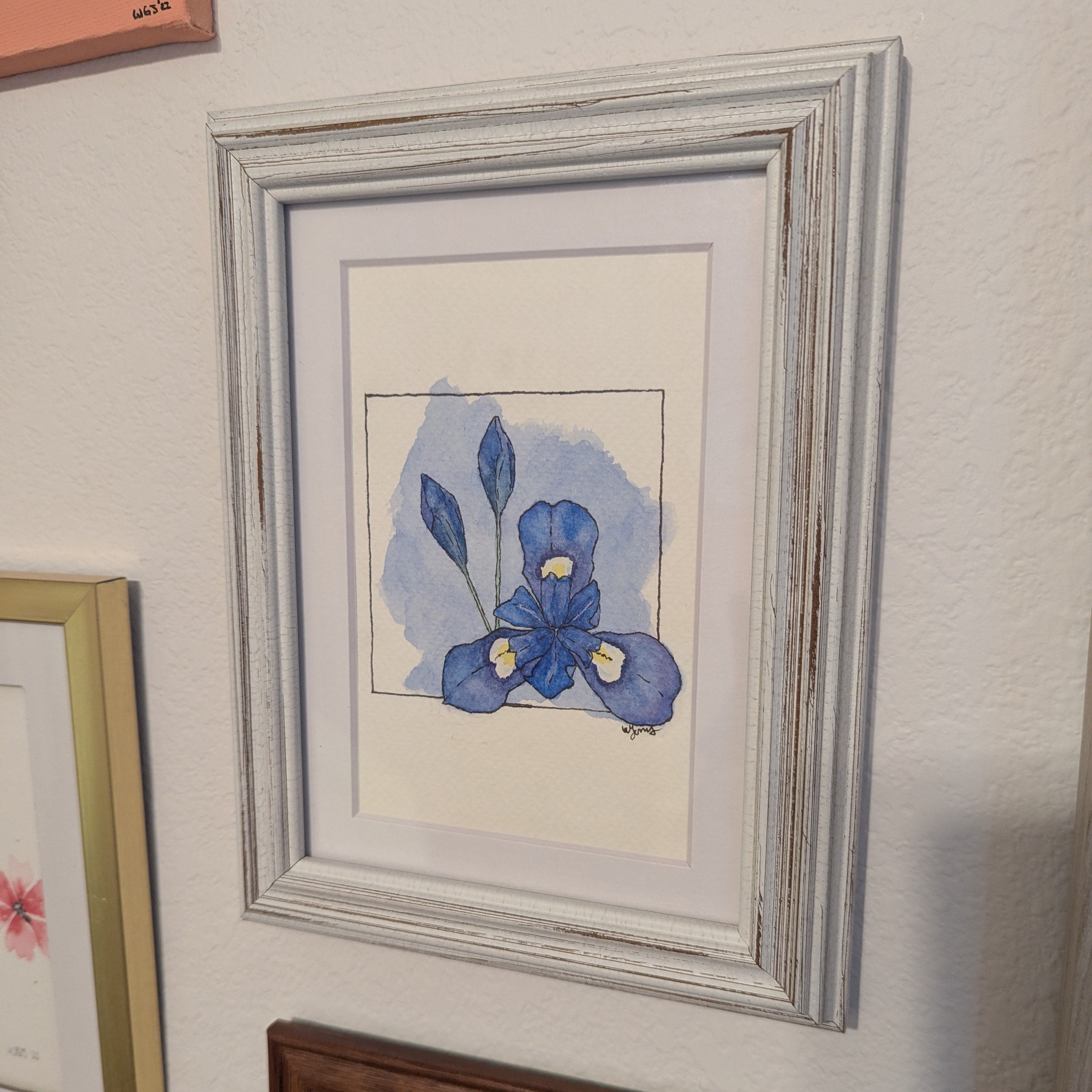 Framed artwork of a blue flower on a wall with other framed pieces.